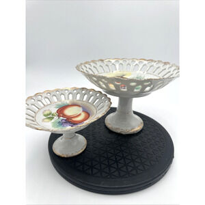 Set Of 2 Ucago Vintage Hand Painted Pedestal Lattice Compote Dishes